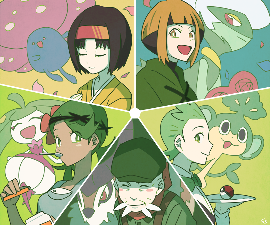 2boys, 3girls, asymmetrical_bangs, beard, black_hair, blunt_bangs, bow, bowtie, breasts, bright_pupils, brown_hair, cilan_(pokemon), closed_eyes, commentary_request, erika_(pokemon), facial_hair, gardenia_(pokemon), gogoat, green_background, green_eyes, green_hair, hat, holding, japanese_clothes, kimono, long_hair, looking_at_viewer, mallow_(pokemon), multiple_boys, multiple_girls, old, old_man, pansage, poke_ball, poke_ball_(basic), pokemon, pokemon_(creature), pokemon_bw, pokemon_dppt, pokemon_hgss, pokemon_sm, pokemon_xy, ramos_(pokemon), roserade, short_hair, sidelocks, signature, small_breasts, smile, spoon, ssalbulre, steenee, traditional_bowtie, tray, vileplume, white_pupils, yellow_background