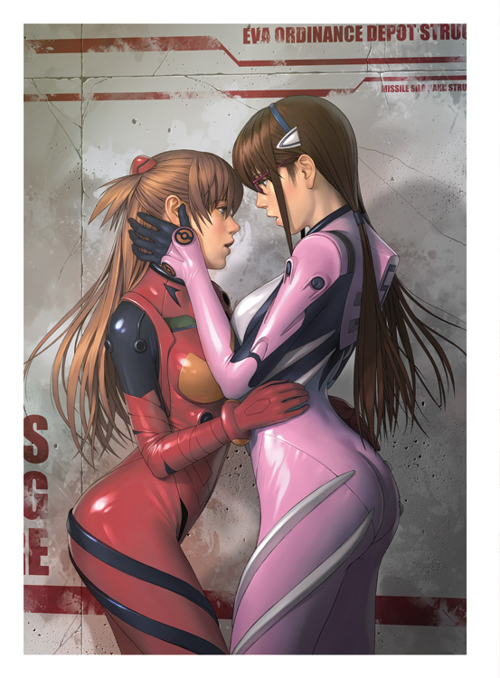 2girls, blue_eyes, bodysuit, breasts, brown_hair, cowboy_shot, green_eyes, hands_on_another's_face