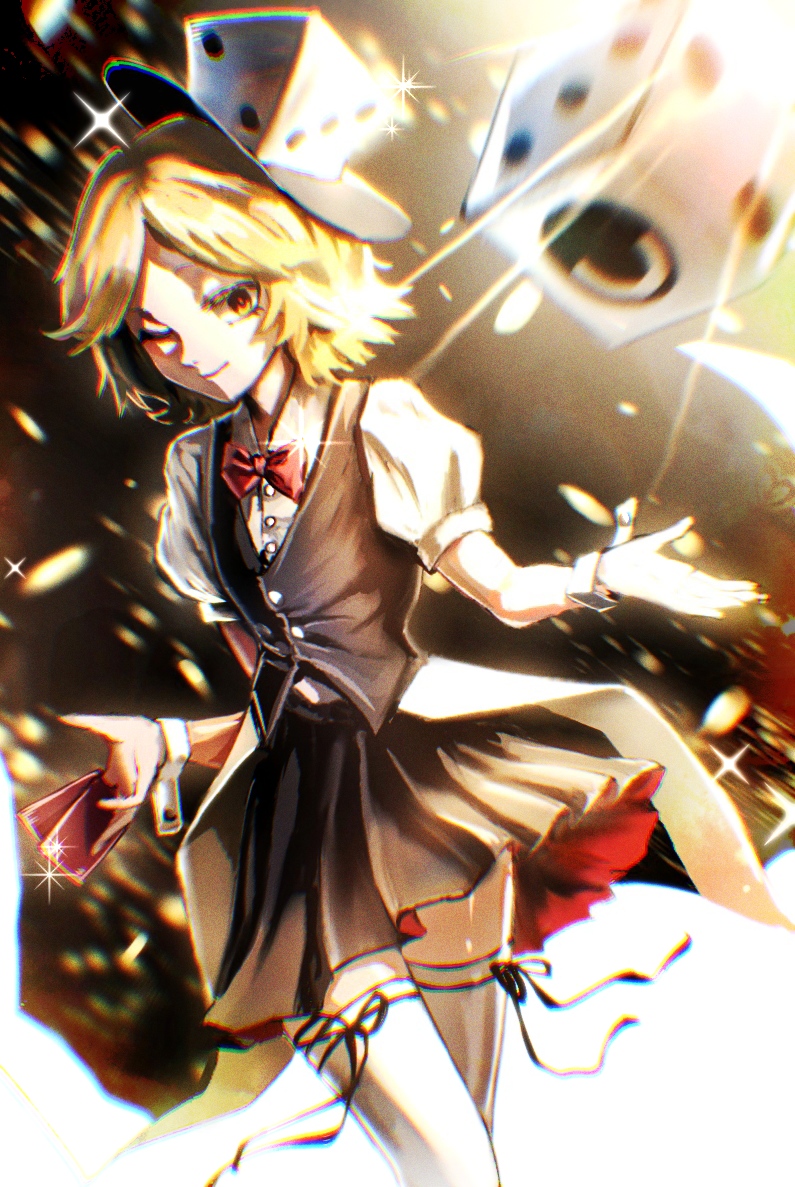 1other, androgynous, blonde_hair, bow, bowtie, card, dice, dice_hair_ornament