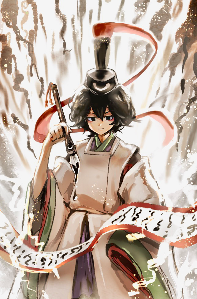 1other, androgynous, black_eyes, black_hair, brush, calligraphy_brush, hat, holding_brush