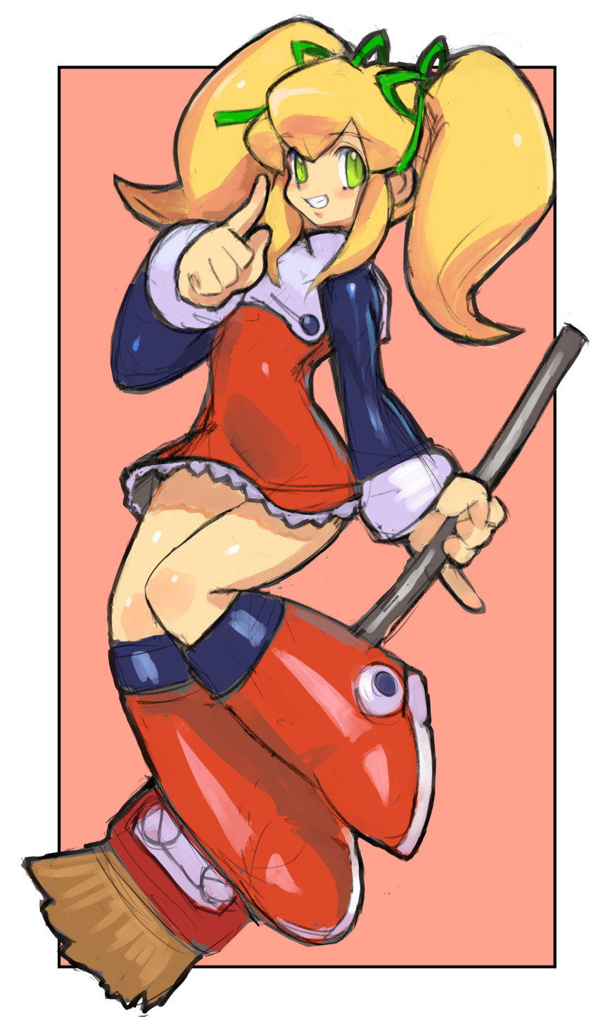 1girl, absurdres, alternate_hairstyle, blonde_hair, blush, broom, dakusuta, dress