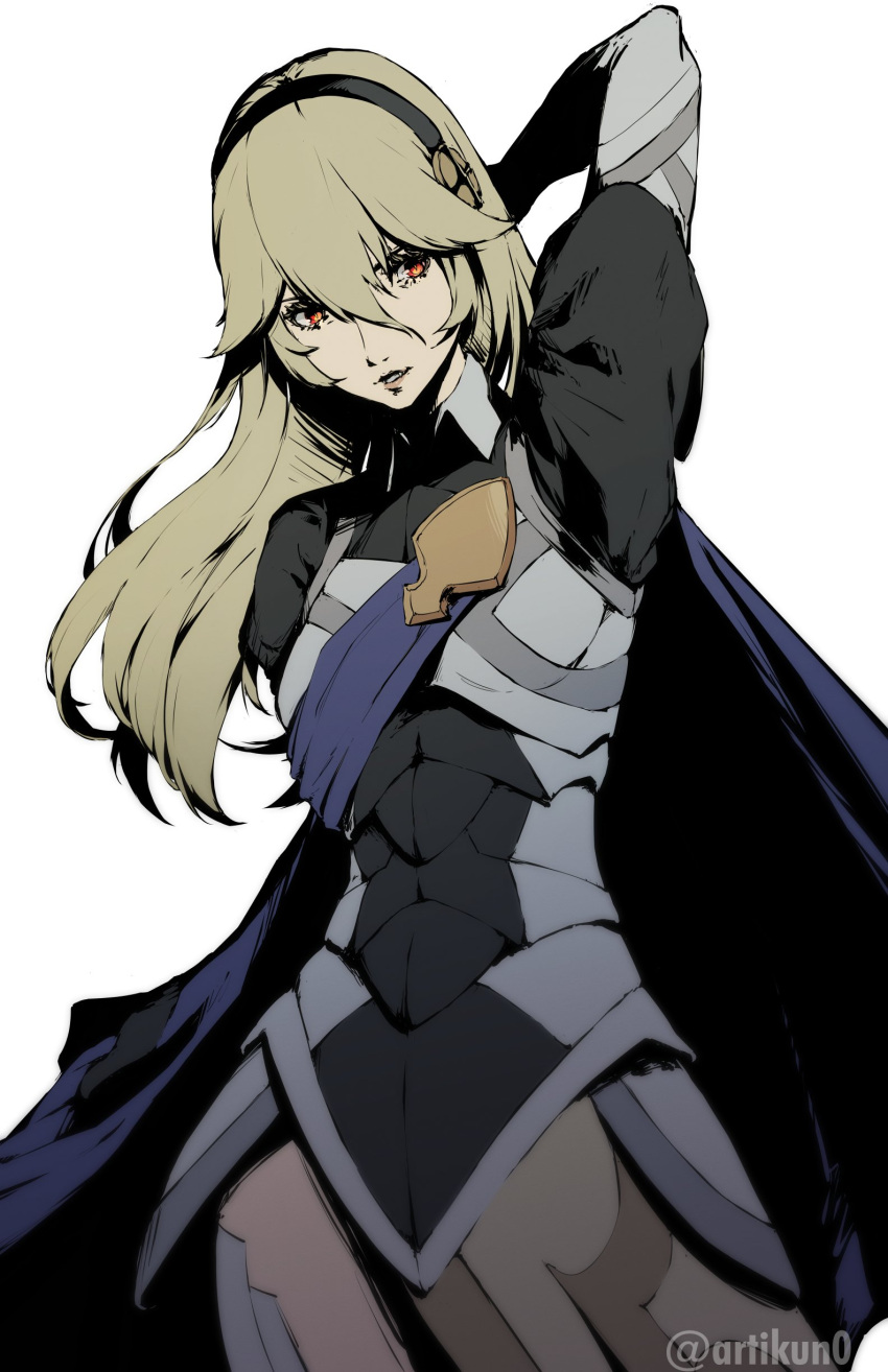 1girl, absurdres, arm_behind_head, arm_up, armor, armored_dress, bangs, black_shirt