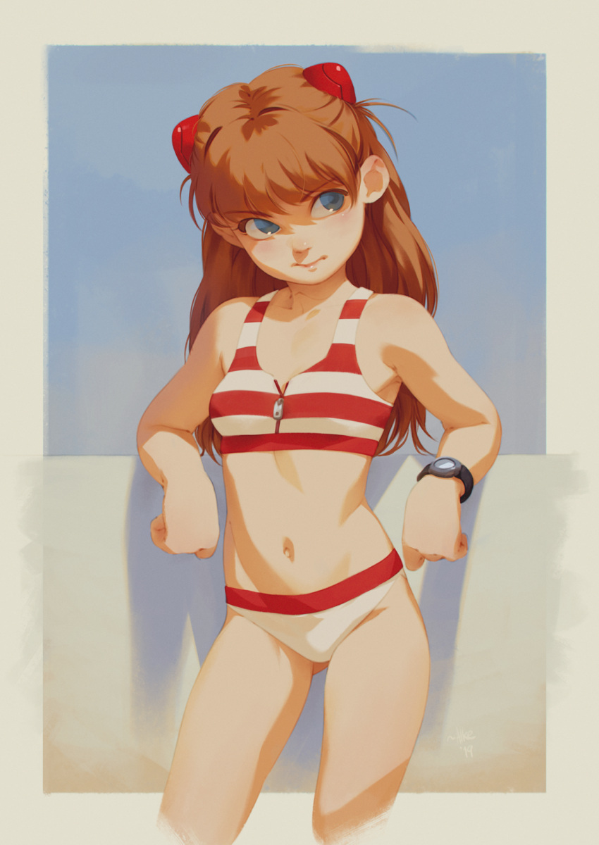 1girl, alkemanubis, ass_visible_through_thighs, bangs, bikini, blue_eyes, breasts, brown_hair