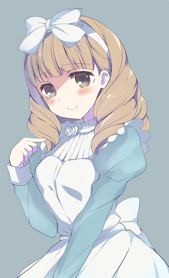 1girl, apron, bangs, blue_dress, blush, bow, brown_eyes, brown_hair