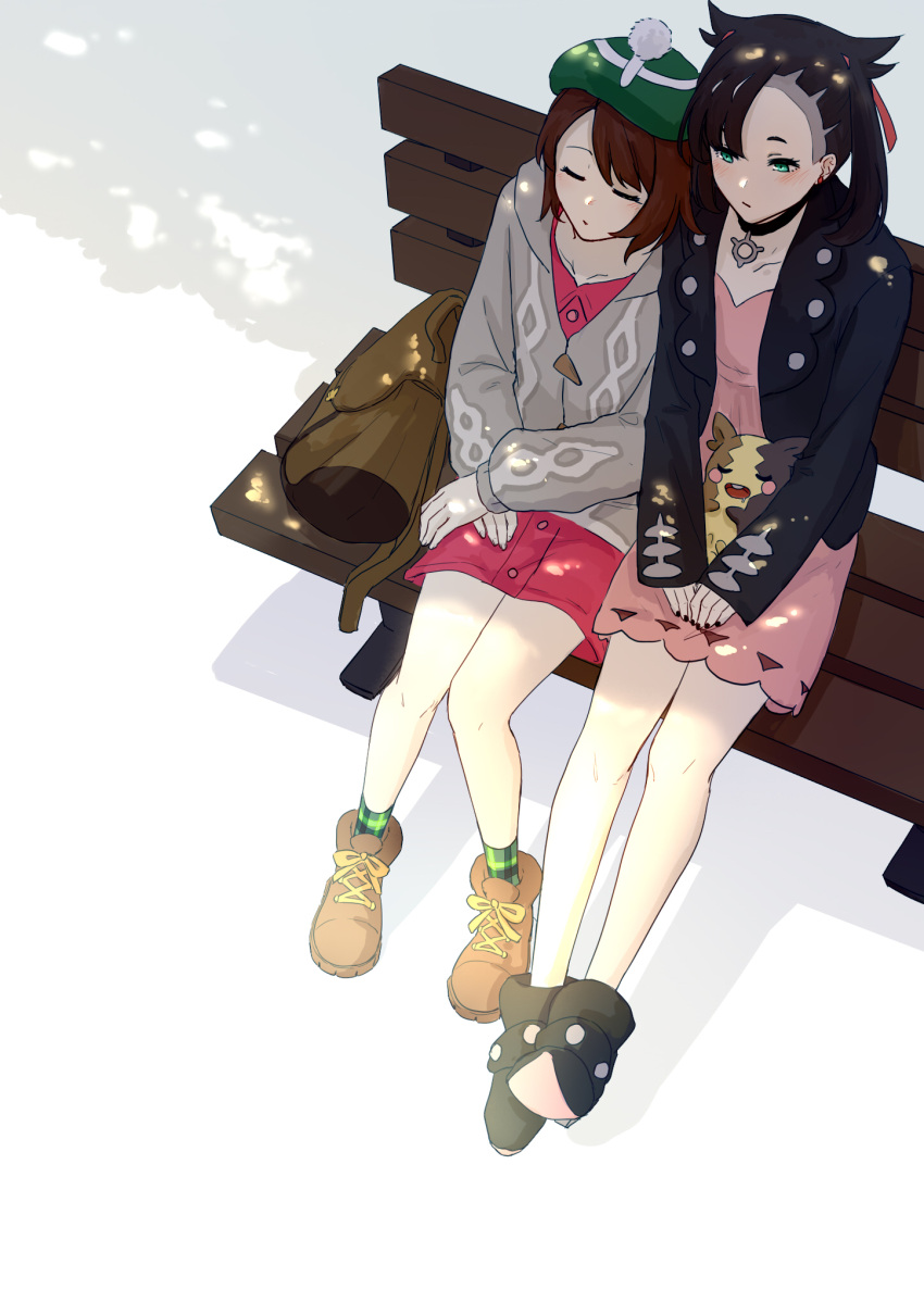 2girls, bench, black_hair, black_jacket, black_nails, brown_hair, choker, closed_eyes