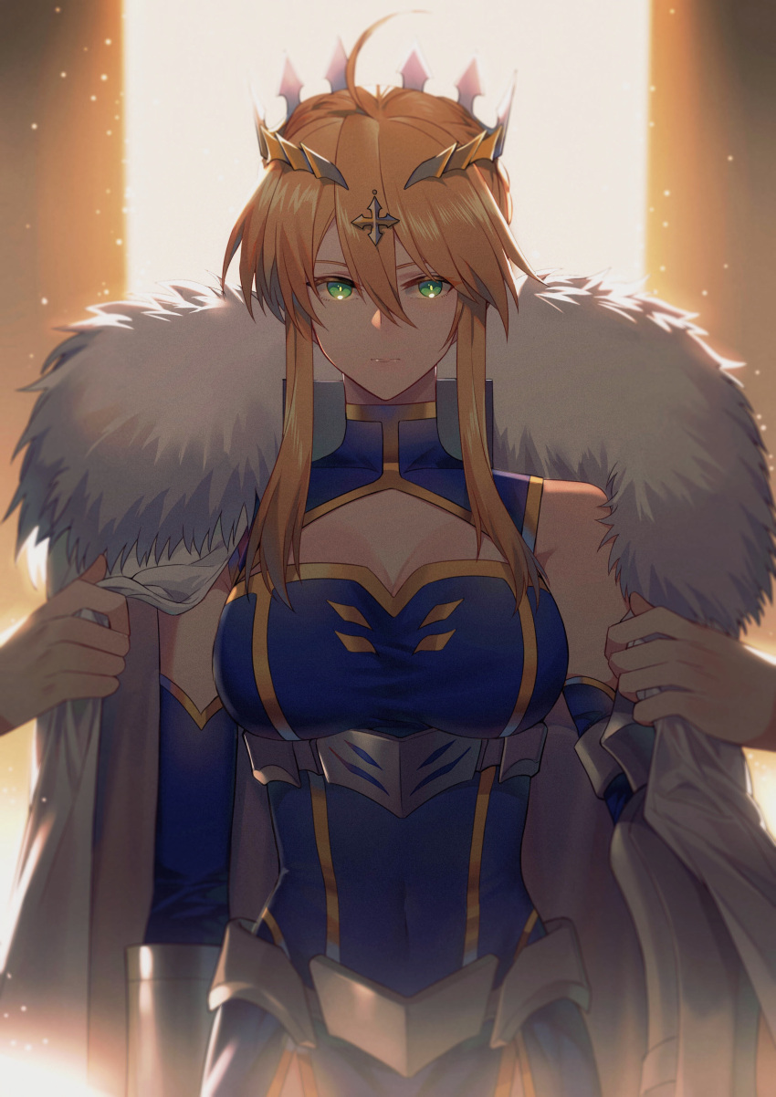 1girl, absurdres, ahoge, artoria_pendragon_(all), artoria_pendragon_(lancer), bangs, blonde_hair, blue_gloves, blue_leotard, braid, breasts, cape, closed_mouth, commentary, cowboy_shot, crown, fate/grand_order, fate_(series), faulds, french_braid, fur-trimmed_cape, fur_trim, gloves, green_eyes, hair_between_eyes, highres, large_breasts, leotard, orange_background, rhongomyniad, saber, sidelocks, swept_bangs, two-tone_background, yellow_background, yorukun