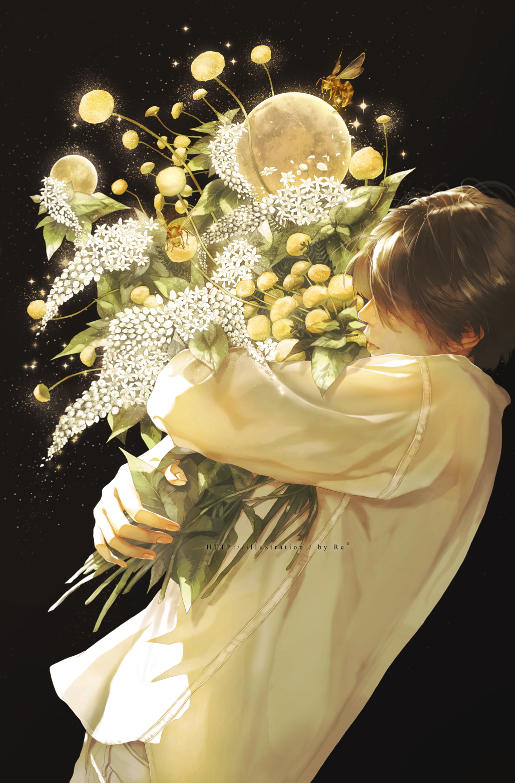 1boy, artist_name, bee, bouquet, brown_hair, bug, closed_mouth, commentary_request, dark_background, denim, dress_shirt, english_commentary, expressionless, fingernails, flower, flower_request, full_moon, fungus, glowing, hair_over_eyes, highres, holding, holding_bouquet, insect, jeans, leaf, light_particles, long_sleeves, male_focus, mixed-language_commentary, moon, original, pants, plant, profile, rido_(ridograph), shiny, shiny_hair, shirt, simple_background, sparkle, standing, upper_body, white_flower, white_shirt