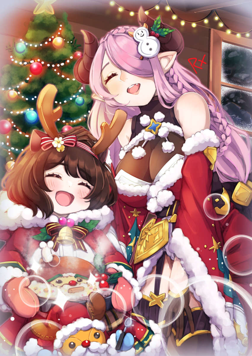 2girls, :d, absurdres, angruoxin, bare_shoulders, bell, blush, boned_meat