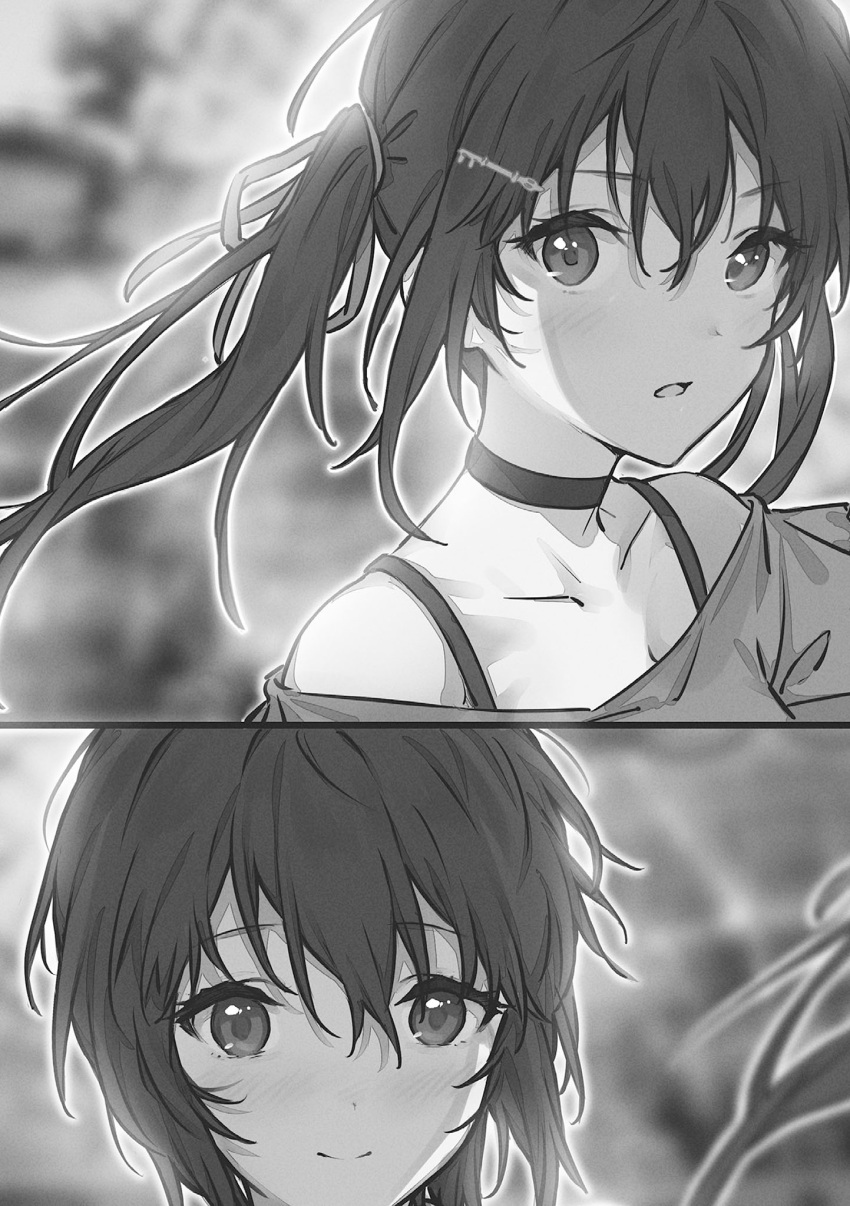2girls, choker, collarbone, floating_hair, gamers!, hair_ornament, hair_ribbon, hairclip
