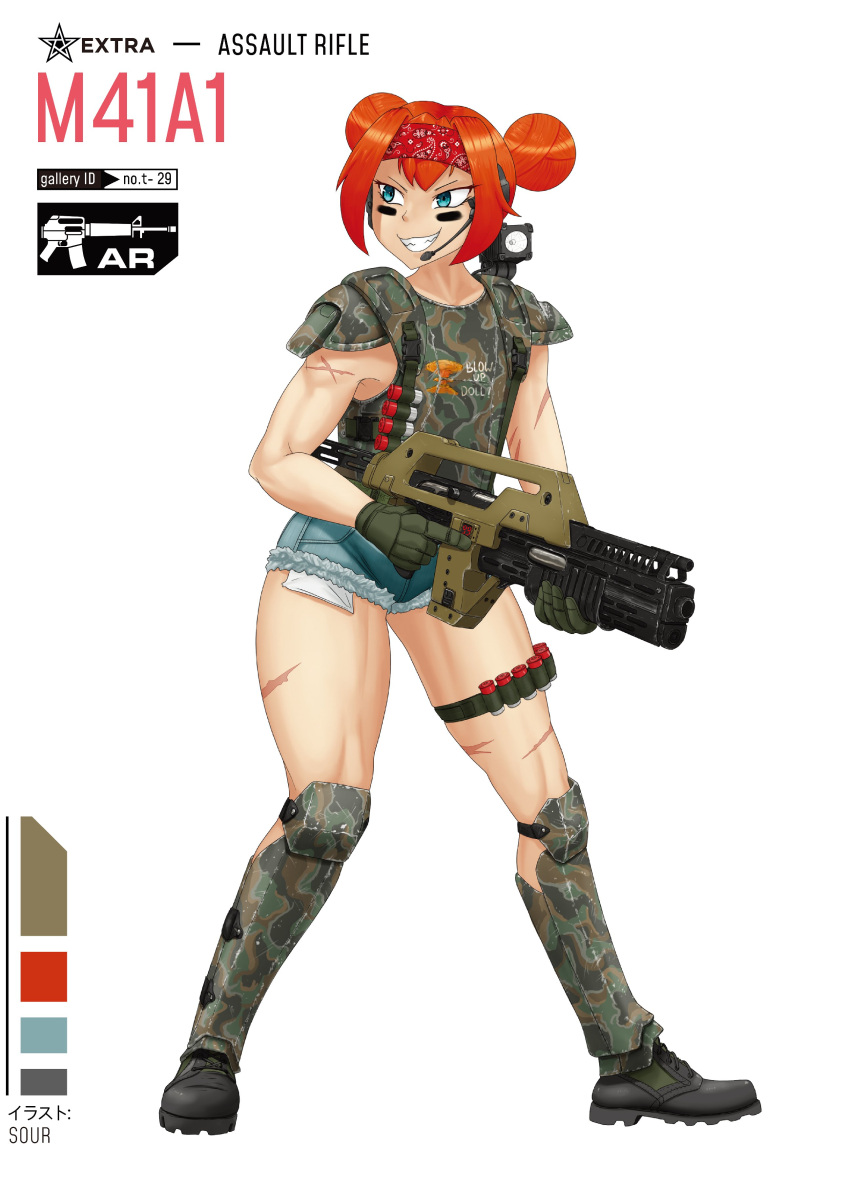 1girl, absurdres, aliens, bandana, bare_arms, boots, combat_boots, cutoff_jeans