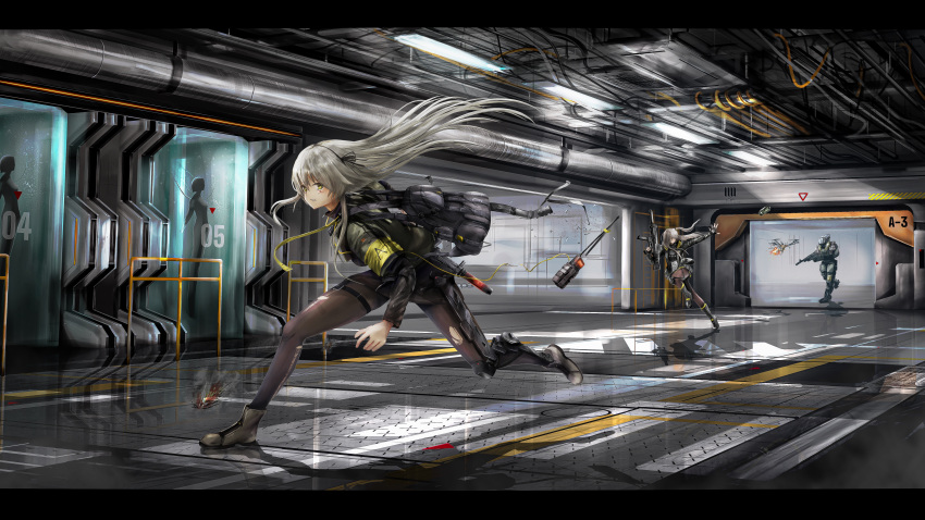 1other, 2girls, absurdres, amanundius, boots, chasing, explosive, girls_frontline