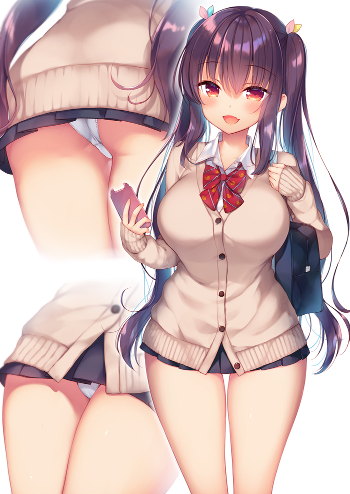 1girl, :d, ass, bag, black_hair, black_skirt, bow, bowtie