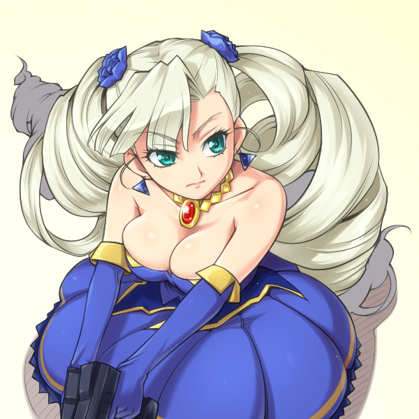 alternate_hair_color, aqua_eyes, arcana_heart, arcana_heart_2, bare_shoulders, blue_dress, blue_rose, breasts