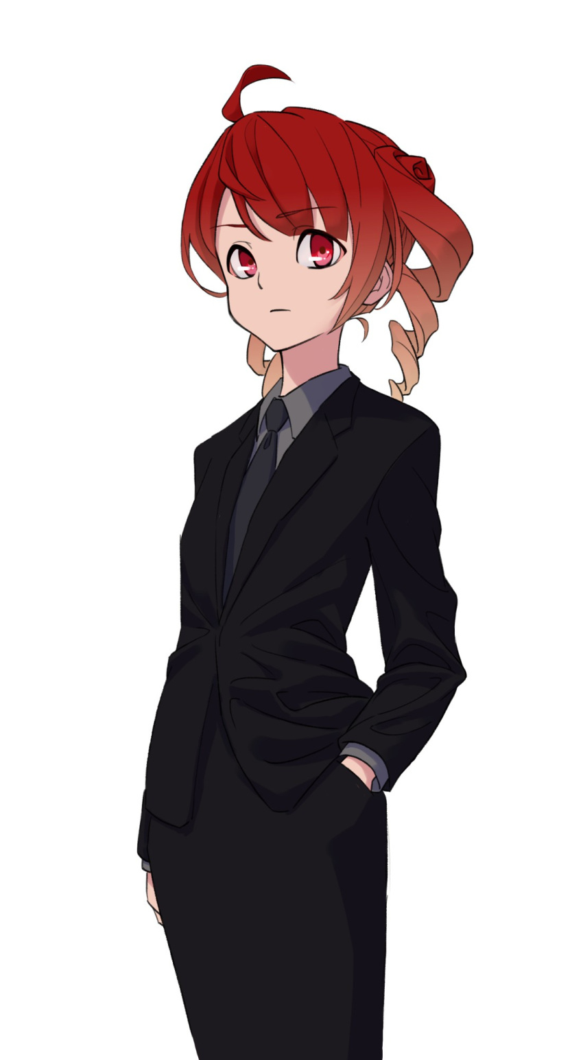 1girl, ahoge, anco8pizz, black_jacket, black_pants, business_suit, closed_mouth, commentary