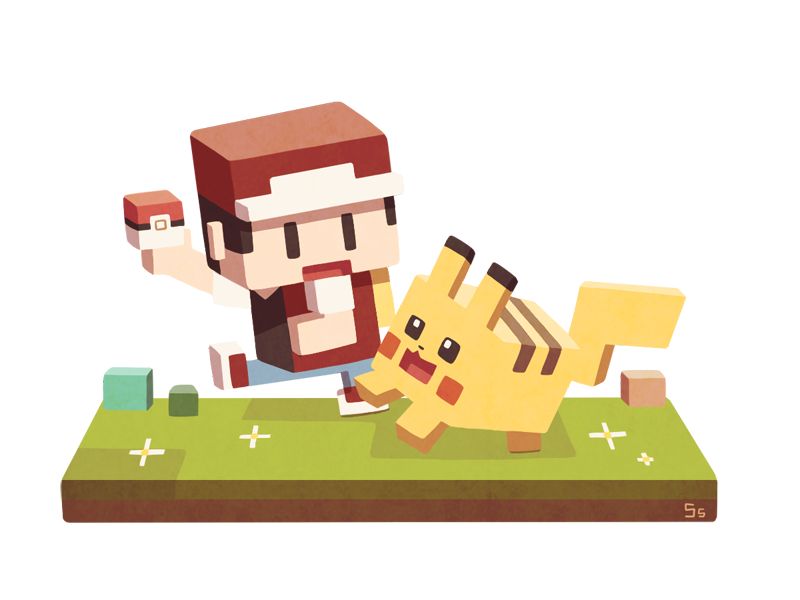 1boy, baseball_cap, black_eyes, black_hair, creature, denim, gen_1_pokemon, grass, hat, holding, holding_poke_ball, jeans, looking_at_another, male_focus, pants, pikachu, poke_ball, poke_ball_(generic), pokemon, pokemon_(creature), pokemon_quest, red_(pokemon), short_sleeves, signature, simple_background, ssalbulre, walking, white_background