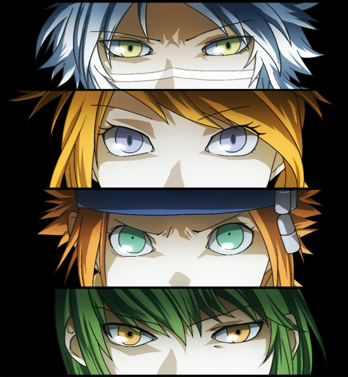 1girl, 3boys, ak_(pixiv3411084), annotated, asymmetrical_bangs, bangs, black_background, blonde_hair