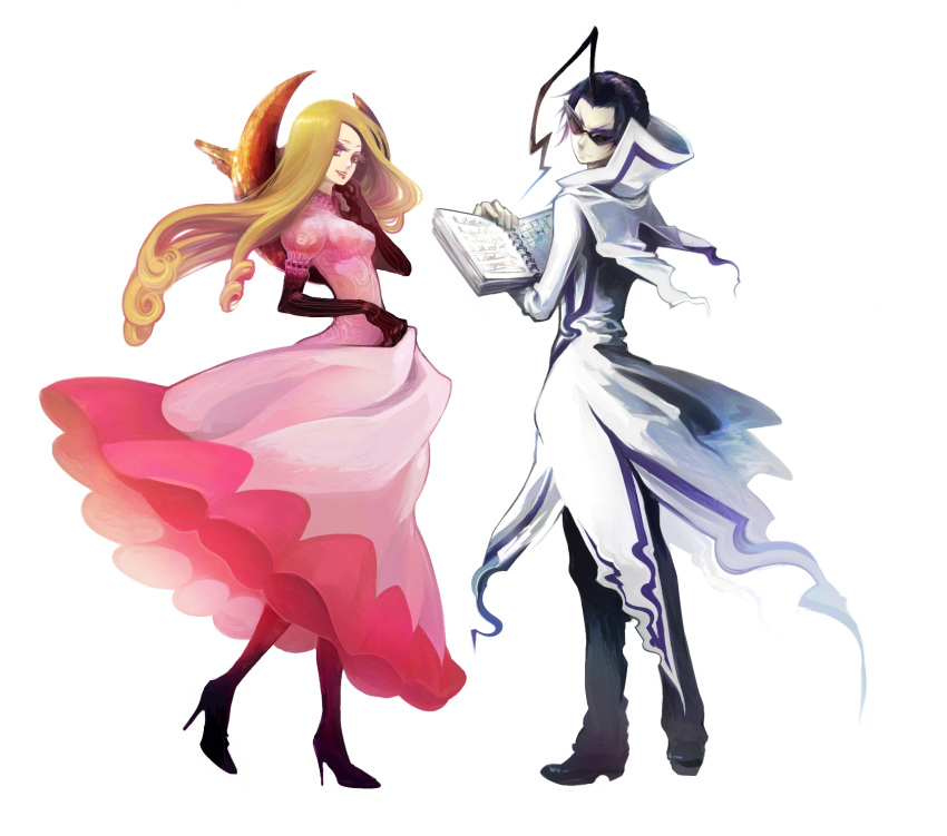 1boy, 1girl, black_gloves, black_hair, blonde_hair, borg_(pokemon), brown_eyes, commentary, dress, eyelashes, facing_viewer, full_body, furrowed_eyebrows, gloves, high_heels, highres, holding, holding_notebook, long_hair, looking_at_viewer, notebook, pants, pink_dress, pokemon, pokemon_(game), pokemon_colosseum, serious, shoes, simple_background, smile, sor_(eliminate), standing, sunglasses, venus_(pokemon), white_background