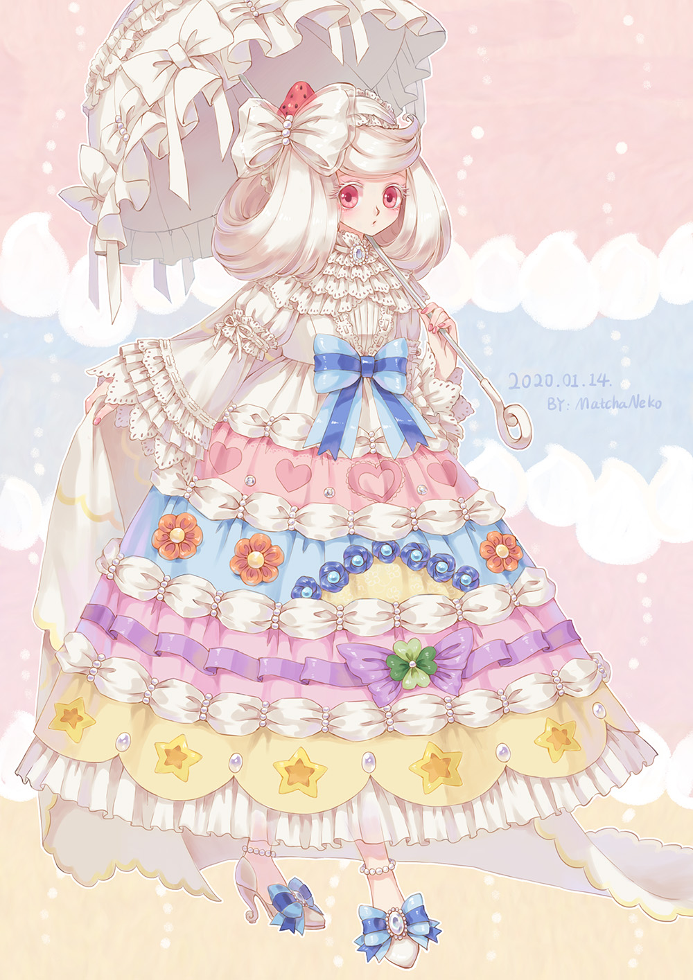 1girl, alcremie, anklet, bangs, blue_background, blue_bow, blush, bow