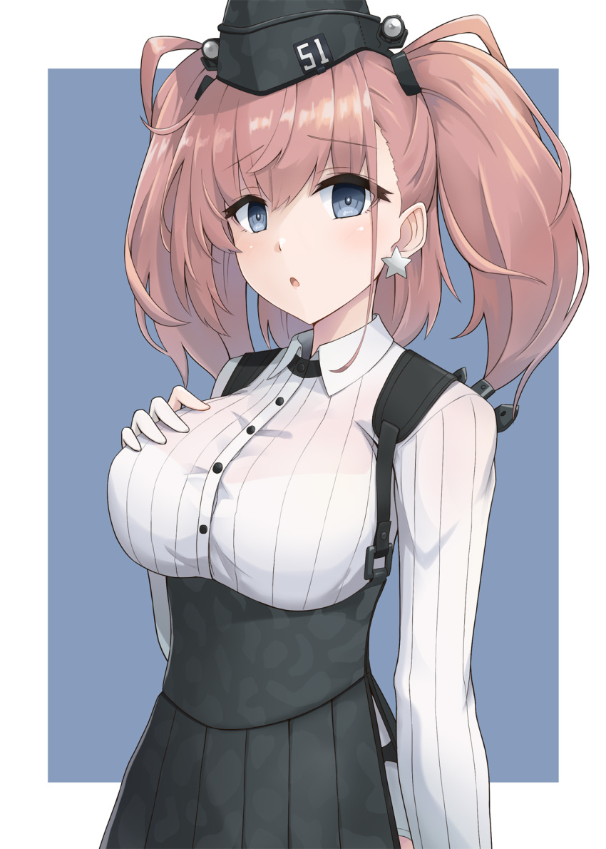 1girl, anchor_hair_ornament, atlanta_(kantai_collection), black_skirt, blue_background, border, bra_through_clothes, breasts, brown_hair, cowboy_shot, earrings, eyebrows_visible_through_hair, garrison_cap, grey_eyes, hair_ornament, hat, high-waist_skirt, highres, jewelry, kantai_collection, kodama_(user_rnfr3534), large_breasts, long_hair, long_sleeves, looking_at_viewer, shirt, skirt, solo, star, star_earrings, suspender_skirt, suspenders, two-tone_background, two_side_up, white_border, white_shirt