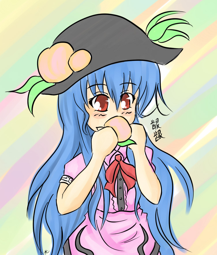 blue_hair, food, hat, hinanai_tenshi, long_hair, peaches, red_eyes, touhou, wong