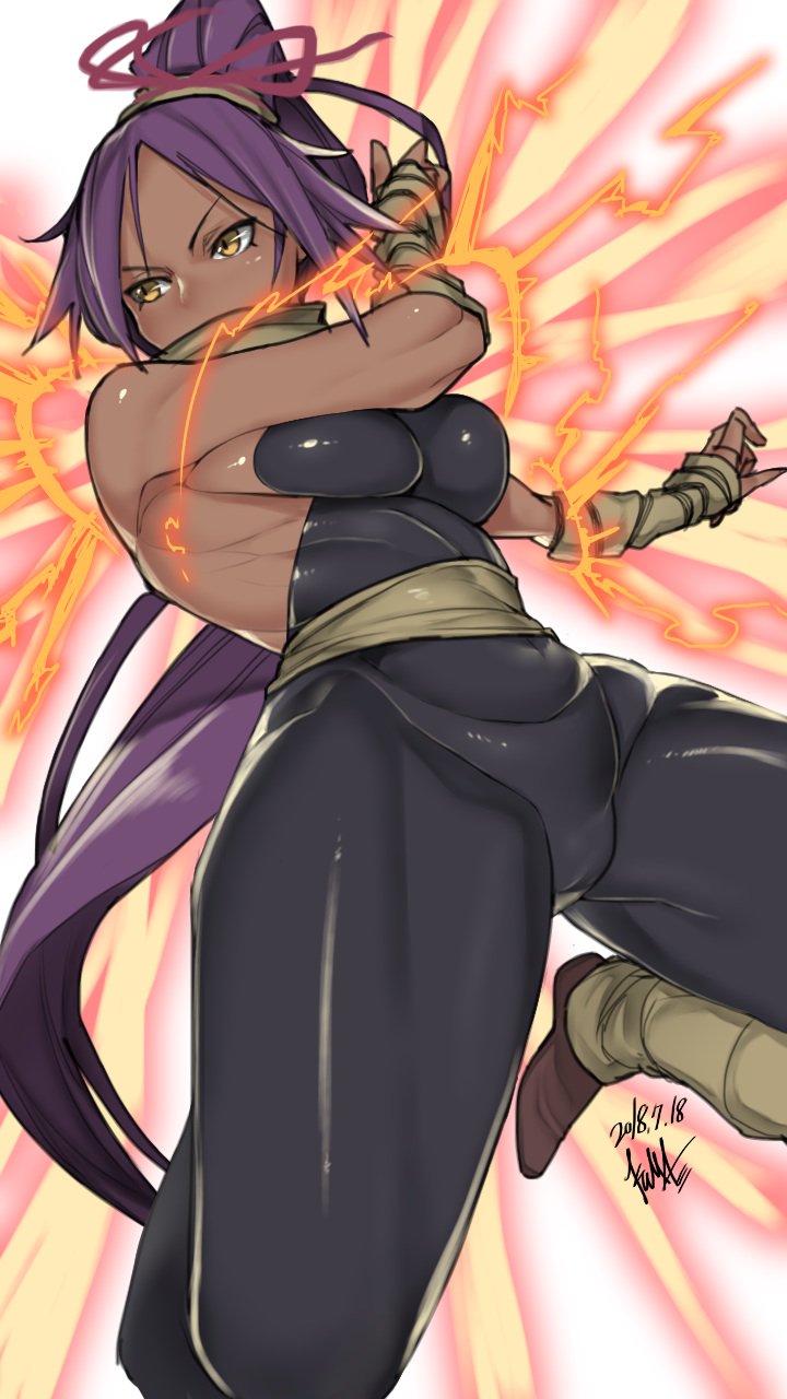1girl, bare_shoulders, bleach, breasts, covered_navel, dark_skin, dated, highres