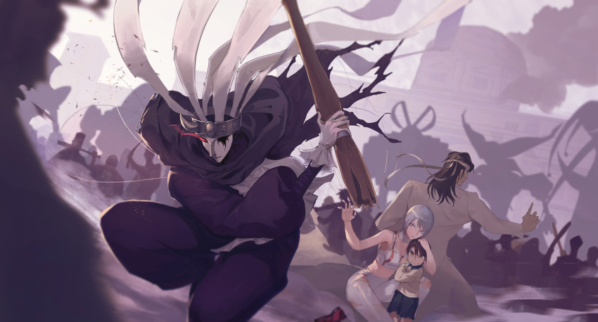 1girl, 2boys, battle, brown_eyes, brown_hair, child, crowd, fighting_stance