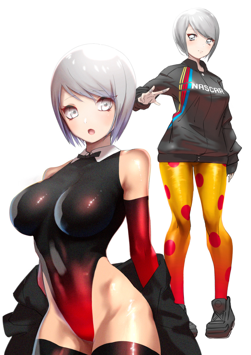 1girl, :o, absurdres, black_footwear, black_gloves, black_jacket, black_neckwear, bow, bowtie, breasts, covered_navel, elbow_gloves, gloves, grey_eyes, highres, huge_filesize, jacket, jewelry, karakuri_circus, large_breasts, leotard, multiple_views, polka_dot, polka_dot_legwear, ring, shirogane_(karakuri_circus), shoes, short_hair, silver_hair, sleeveless, smile, standing, thigh-highs