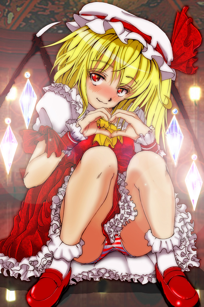 1girl, blonde_hair, blush, commentary_request, eyebrows_visible_through_hair, flandre_scarlet, frilled_skirt, frills