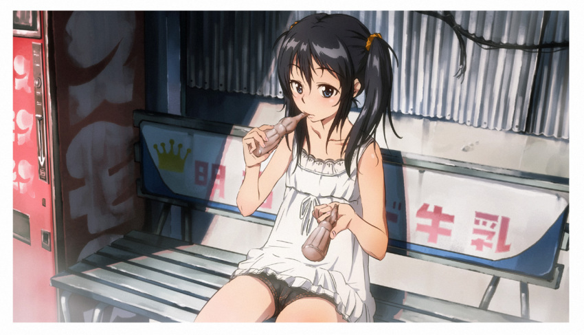 black_hair, blue_eyes, bottle, camisole, drinking, foreshortening, hotpants, kikuchi