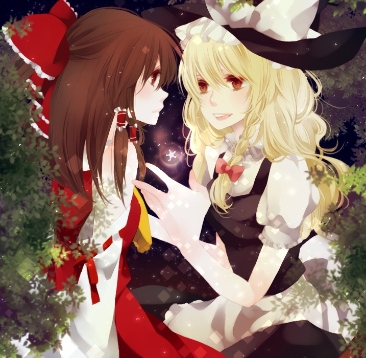bad_id, blonde_hair, braid, brown_hair, hair_ribbon, hair_ribbons, hakurei_reimu, hat