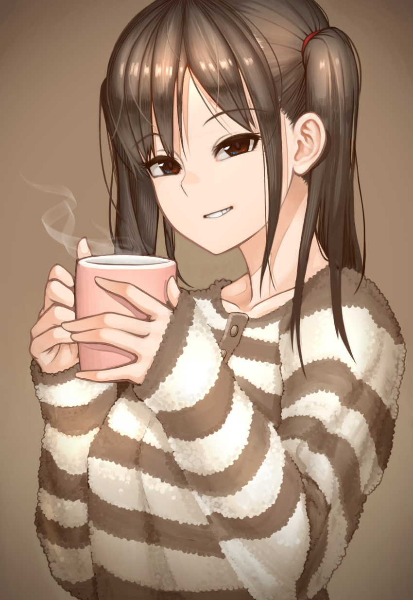 1girl, bangs, brown_background, brown_eyes, brown_hair, brown_sweater, brown_theme, eyebrows_visible_through_hair