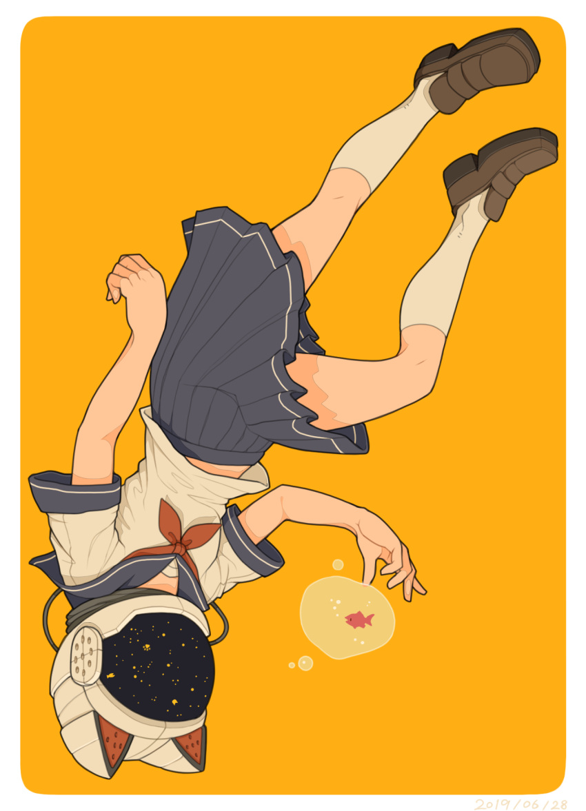 1girl, ascot, astronaut_helmet, blue_sailor_collar, blue_skirt, border, brown_footwear, bubble