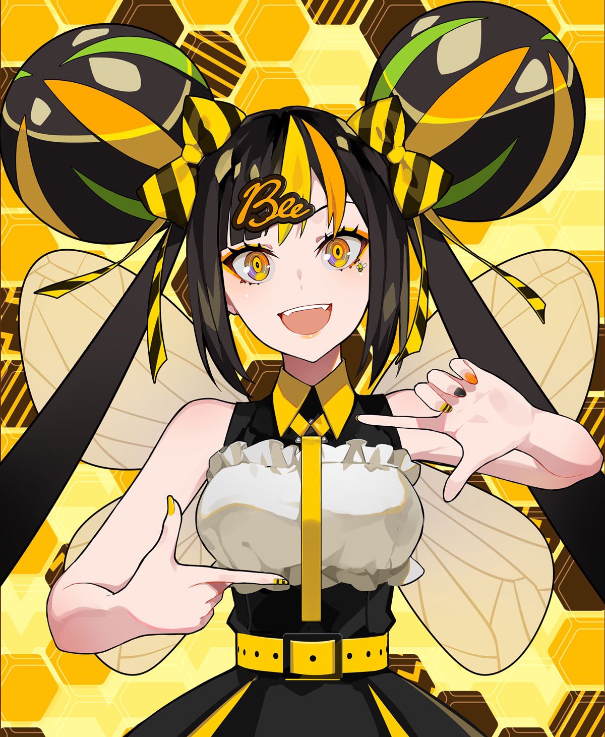 1girl, bangs, bee, bee_girl, belt, black_hair, black_nails, blonde_hair