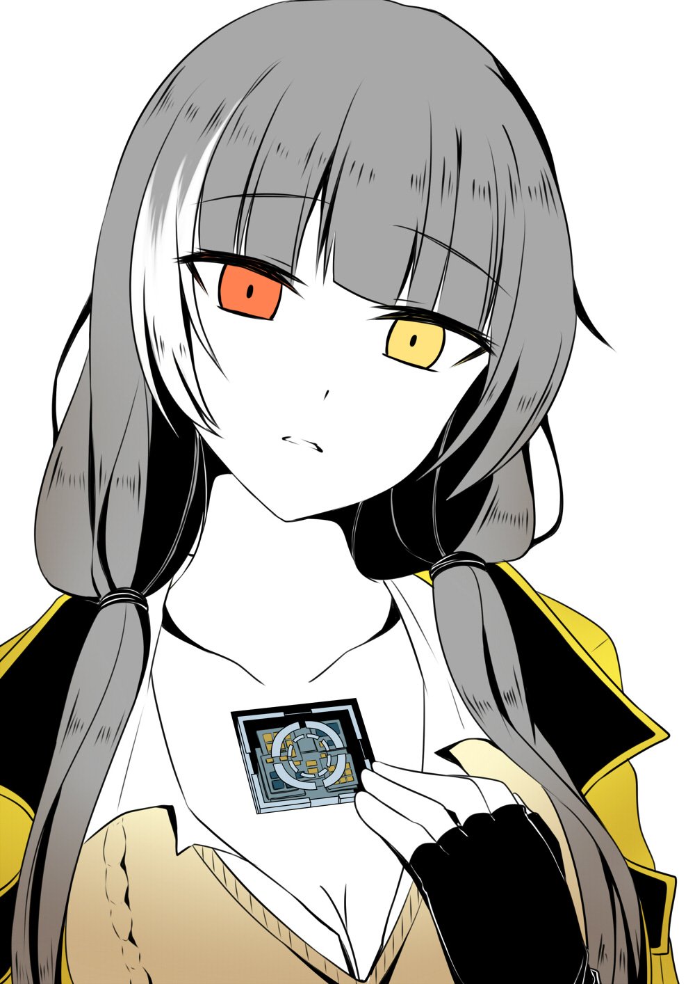 1girl, breasts, collarbone, girls_frontline, heterochromia, highres, kureno_(clern), large_breasts, long_hair, looking_at_viewer, multicolored, orange_eyes, red_eyes, ro635_(girls_frontline), solo
