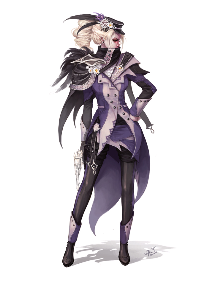 1girl, black_feathers, black_headwear, black_legwear, black_sclera, blonde_hair, boots, breasts, buttons, collar, cuffs, earrings, full_body, gun, hand_on_hip, handgun, hat, hat_feather, holding, holding_gun, holding_weapon, jewelry, long_hair, long_sleeves, looking_to_the_side, original, peaked_cap, red_eyes, shadow, simple_background, sleeve_cuffs, solo, standing, tervola, weapon, white_background