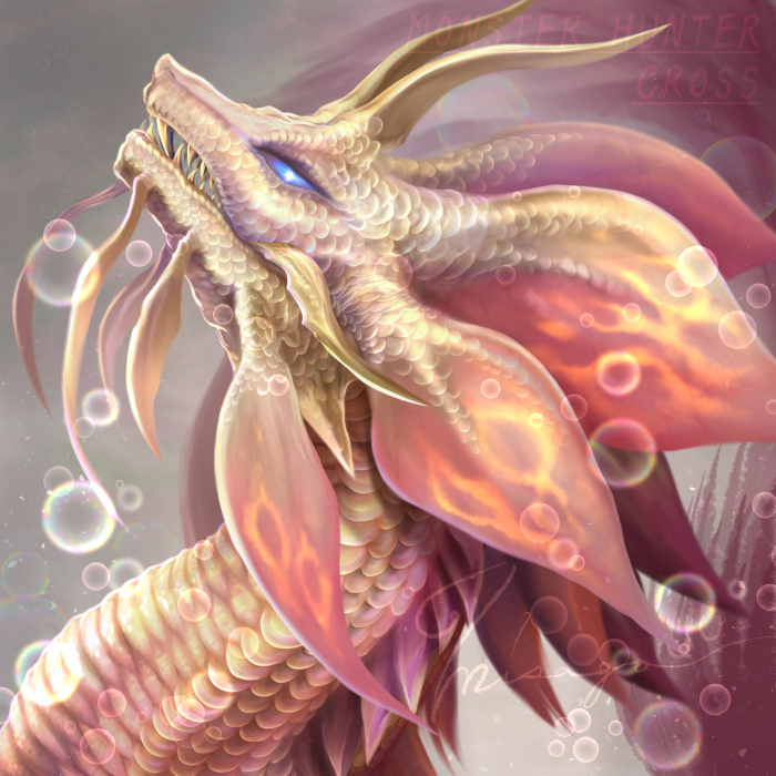 blue_eyes, bubble, copyright_name, dragon, mizutsune_(armor), monster, monster_hunter, monster_hunter_x