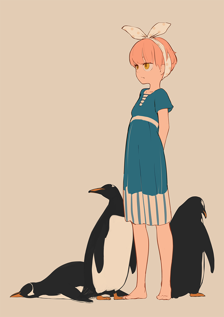 1girl, arm_behind_back, bangs, barefoot, bird, blue_dress, blunt_bangs, closed_mouth