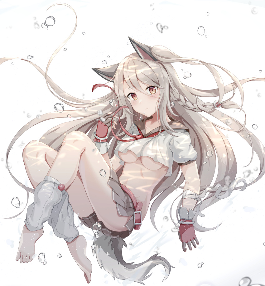 1girl, animal_ears, azur_lane, bare_legs, barefoot, belt, blonde_hair, blush, bneoul, braid, breasts, bubble, commentary, crop_top, fingerless_gloves, frown, full_body, gloves, hair_between_eyes, hair_ornament, hairpin, highres, knees_up, long_hair, looking_at_viewer, medium_breasts, midriff, miniskirt, navel, no_bra, paw_print, pleated_skirt, red_belt, red_eyes, red_neckwear, school_uniform, serafuku, skirt, solo, tail, thighs, under_boob, underwater, upskirt, very_long_hair, yuudachi_(azur_lane)