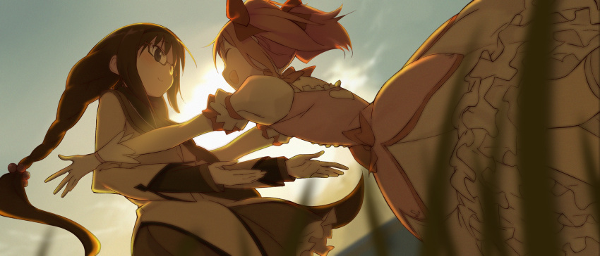 2girls, akemi_homura, backlighting, black_hair, braid, braided_ponytail, bubble_skirt, closed_eyes