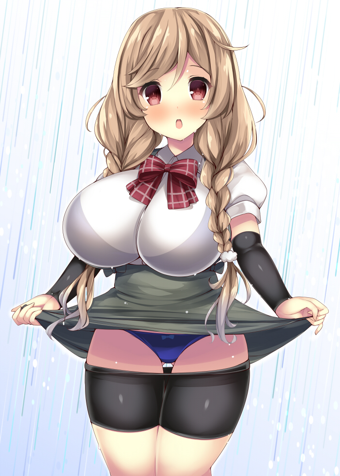 akikaze_tsumuji, arm_warmers, ass_visible_through_thighs, bike_shorts, blue_bra, blue_panties, blush, bow