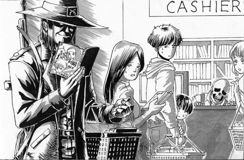 2girls, 4boys, blood_(game), book, bookshelf, caleb_(blood), coat, commentary