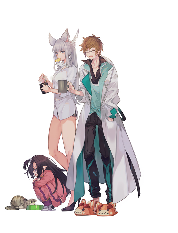 1boy, 2girls, a082, animal_ears, animal_slippers, black_hair, bottomless, brown_hair