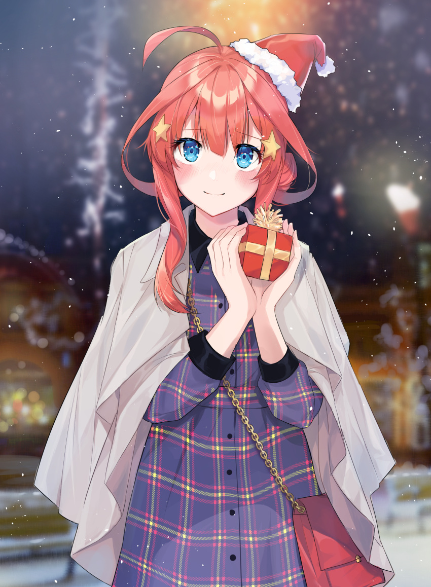 1girl, ahoge, bag, bangs, blue_eyes, blurry, blurry_background, blush