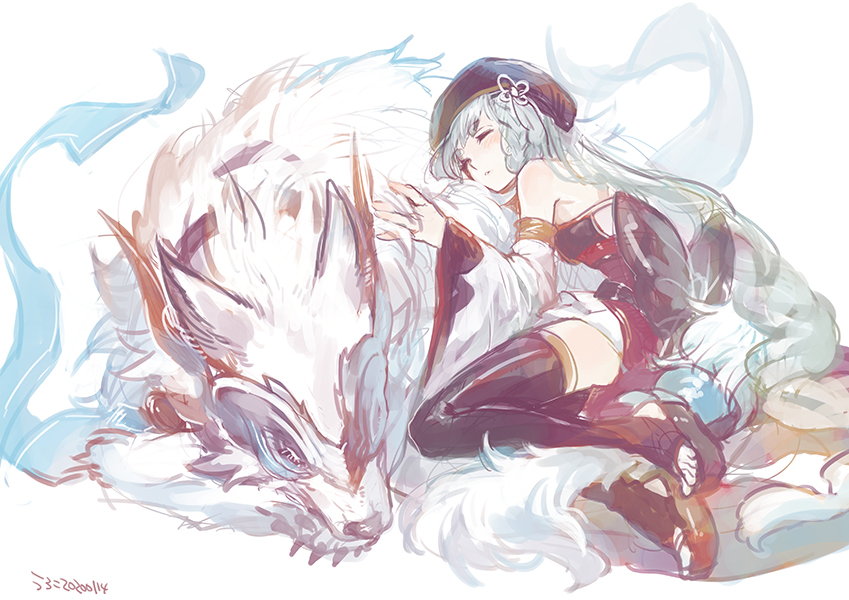 1girl, beret, detached_sleeves, granblue_fantasy, hakutaku_(granblue_fantasy), hat, long_hair, pholia