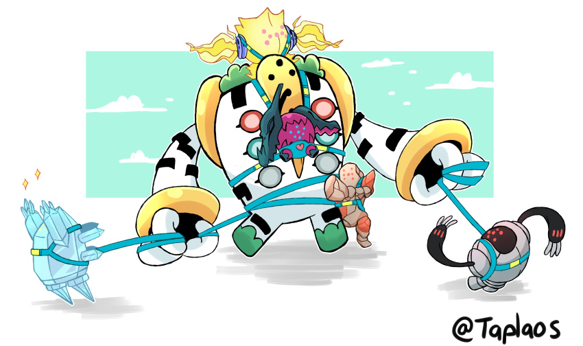 absurdres, blue_sky, clouds, commentary, english_commentary, gen_3_pokemon, gen_4_pokemon, highres, legendary_pokemon, pokemon, pokemon_(creature), pokemon_on_head, regice, regigigas, regirock, registeel, signature, sitting, sky, taplaos, unnamed_electric_regi, unnamed_skull_regi, walking