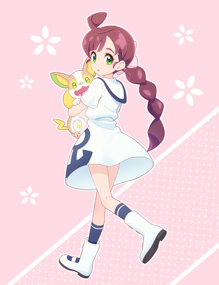1girl, anchor_symbol, blue_legwear, boots, brown_hair, dress, floral_background, from_behind