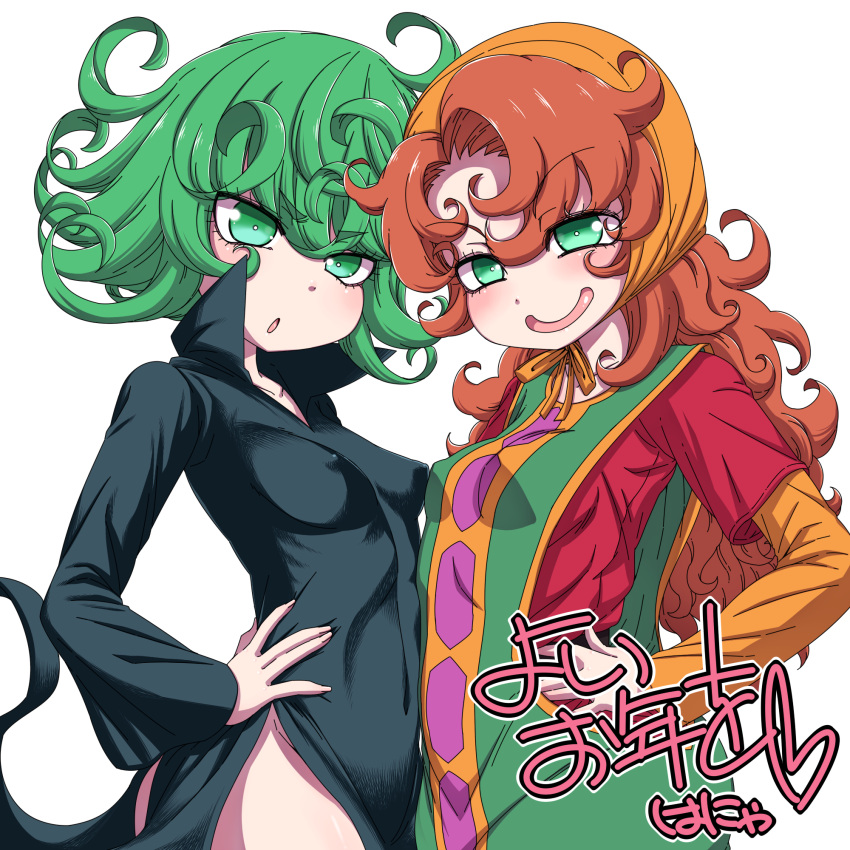 2girls, ass, black_dress, blush, breasts, commentary_request, covered_nipples, crossover