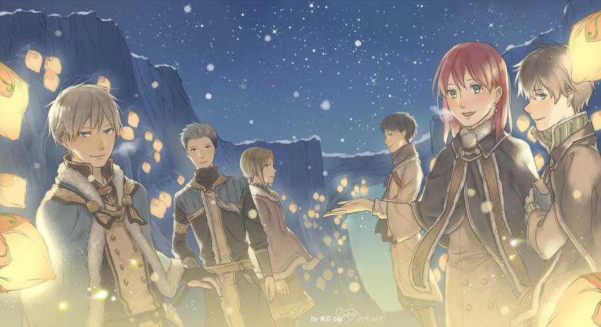 2girls, 4boys, :d, akagami_no_shirayukihime, bangs, black_gloves, blonde_hair, blue_cape