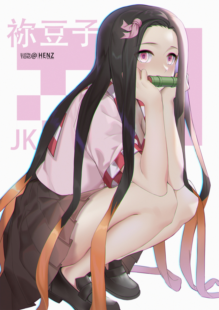 1girl, bamboo, bare_legs, bit_gag, black_hair, black_skirt, blush, chin_rest