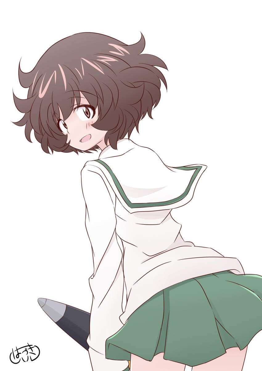 1girl, akiyama_yukari, artist_name, bangs, blouse, brown_eyes, brown_hair, commentary, cowboy_shot, eyebrows_visible_through_hair, from_behind, girls_und_panzer, green_skirt, hadzuki_haru, highres, holding, leaning_forward, long_sleeves, looking_at_viewer, looking_back, messy_hair, miniskirt, ooarai_school_uniform, open_mouth, pleated_skirt, school_uniform, serafuku, short_hair, signature, simple_background, skirt, smile, solo, standing, tank_shell, white_background, white_blouse